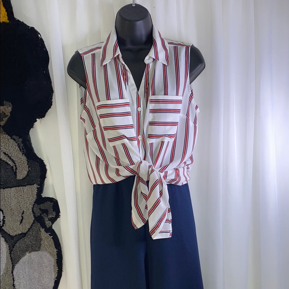 Blue and White with Red Stripes Wide Leg Set with Elegant Flow - Picture 11 of 17
